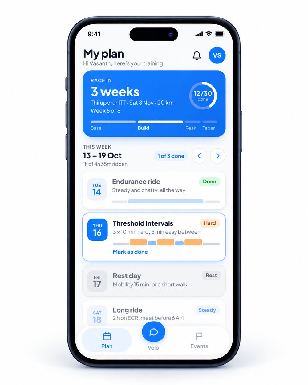 Veloxo app showing My plan: race in 3 weeks, this week's workouts