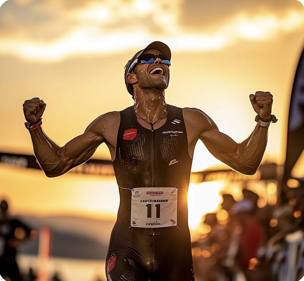 Rider crossing a finish line at sunset