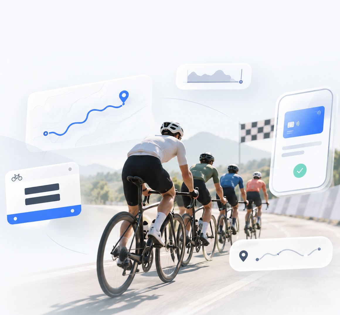 Riders heading to a finish line, with route, bib and UPI payment panels