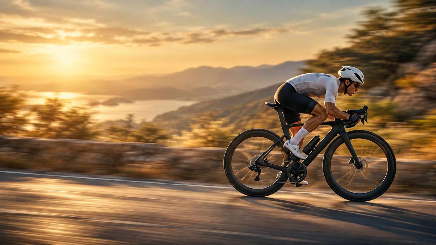 Cyclist riding fast on an open road